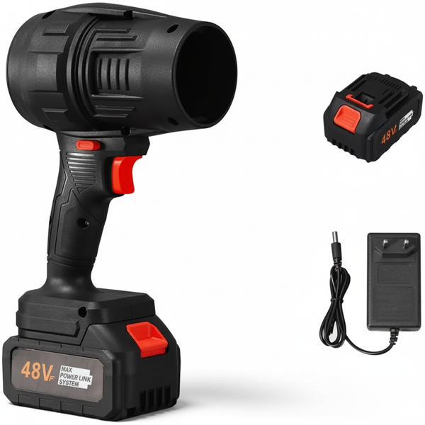 48V Cordless Air Blower black with red accents on white background studio photography